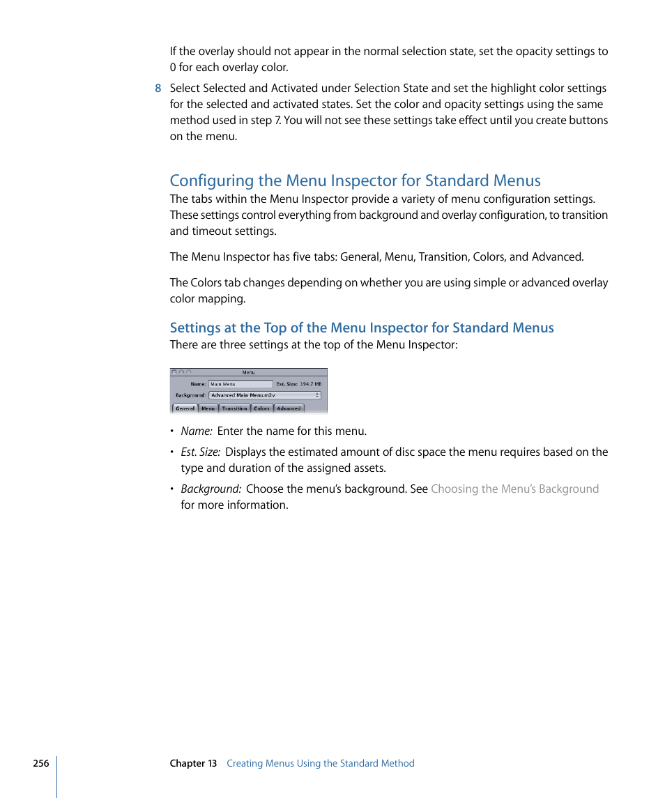 Configuring the menu inspector for standard menus | Apple DVD Studio Pro 4 User Manual | Page 256 / 656