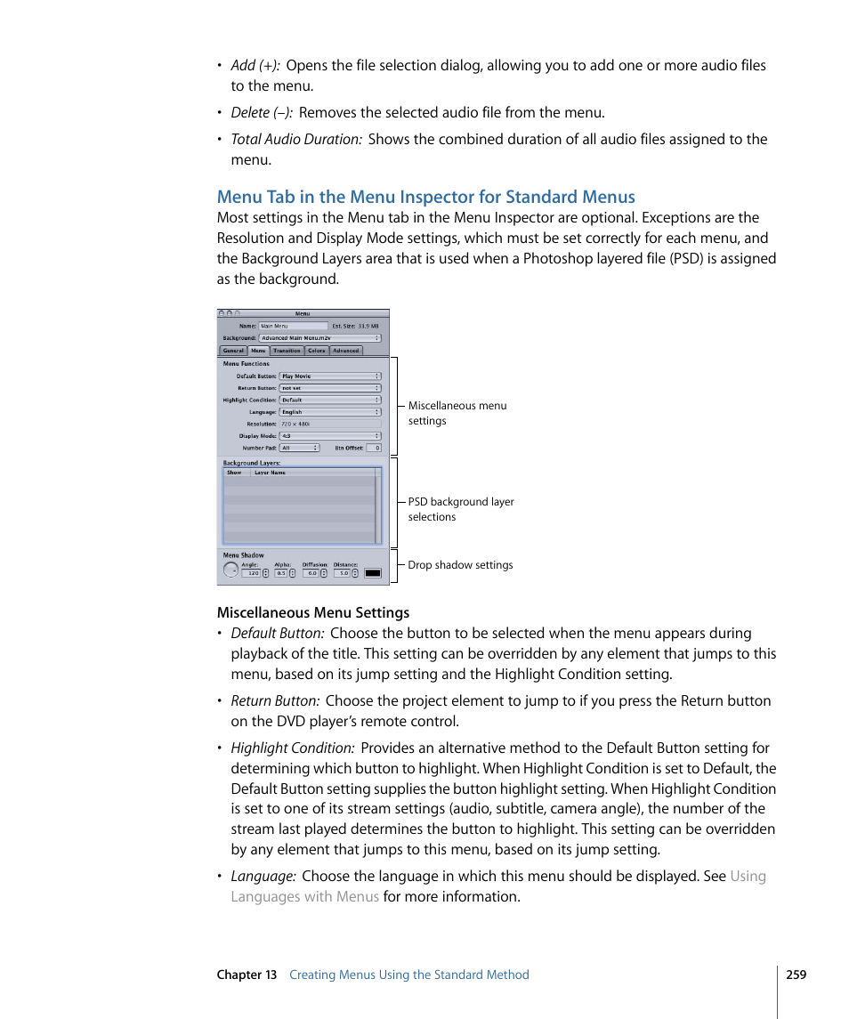 Menu tab in the menu inspector for standard menus | Apple DVD Studio Pro 4 User Manual | Page 259 / 656