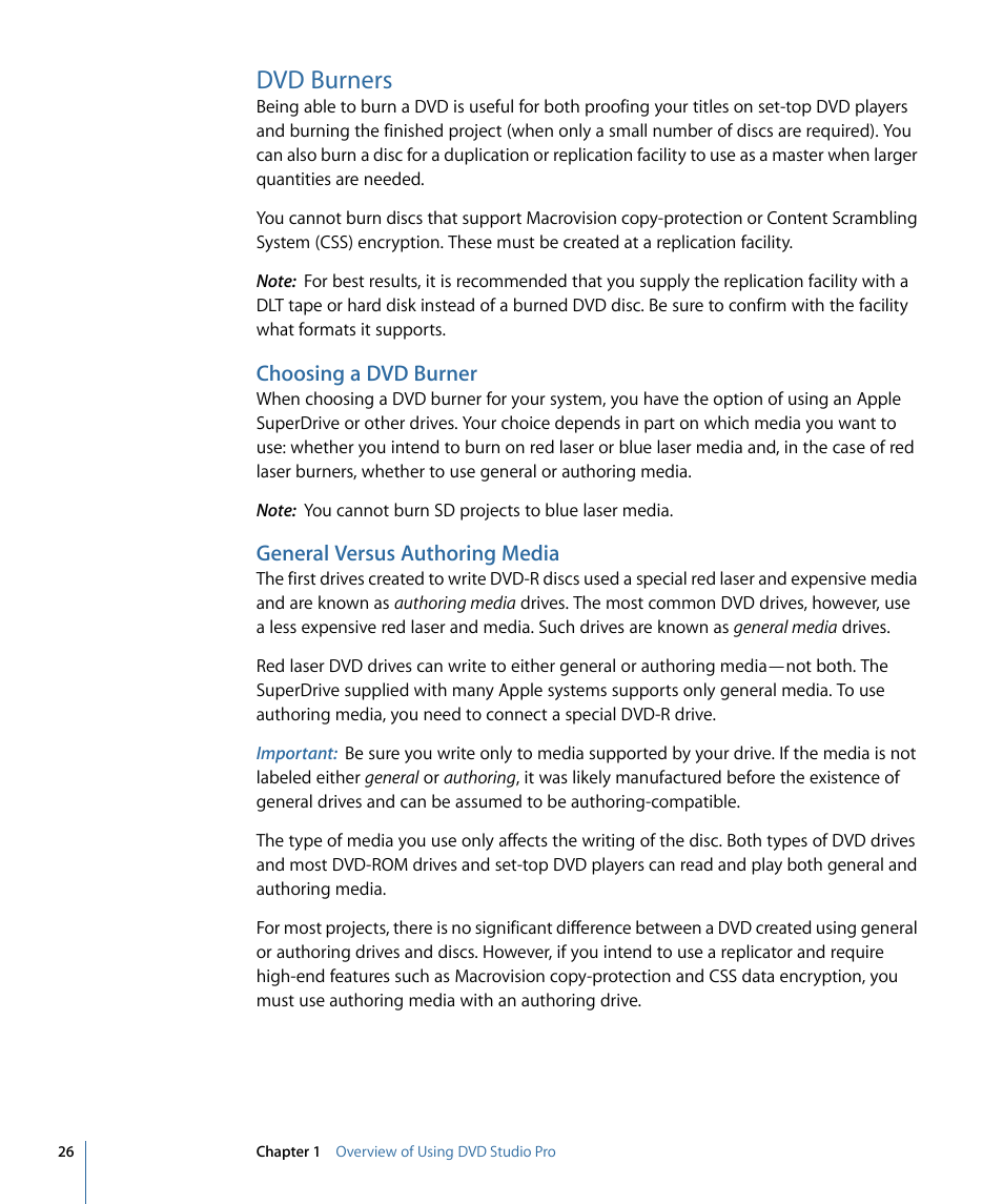 Dvd burners, Choosing a dvd burner, General versus authoring media | Apple DVD Studio Pro 4 User Manual | Page 26 / 656