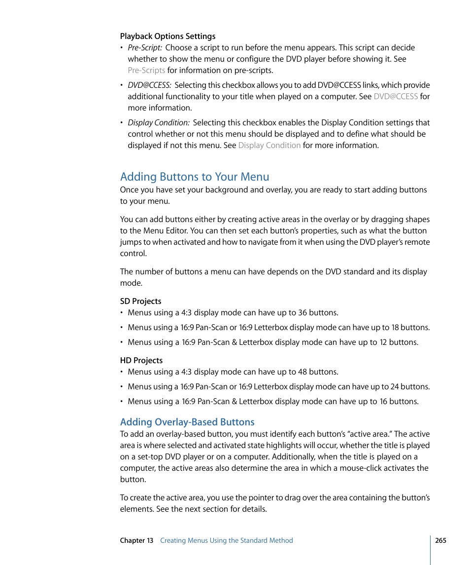 Adding buttons to your menu, Adding overlay-based buttons | Apple DVD Studio Pro 4 User Manual | Page 265 / 656