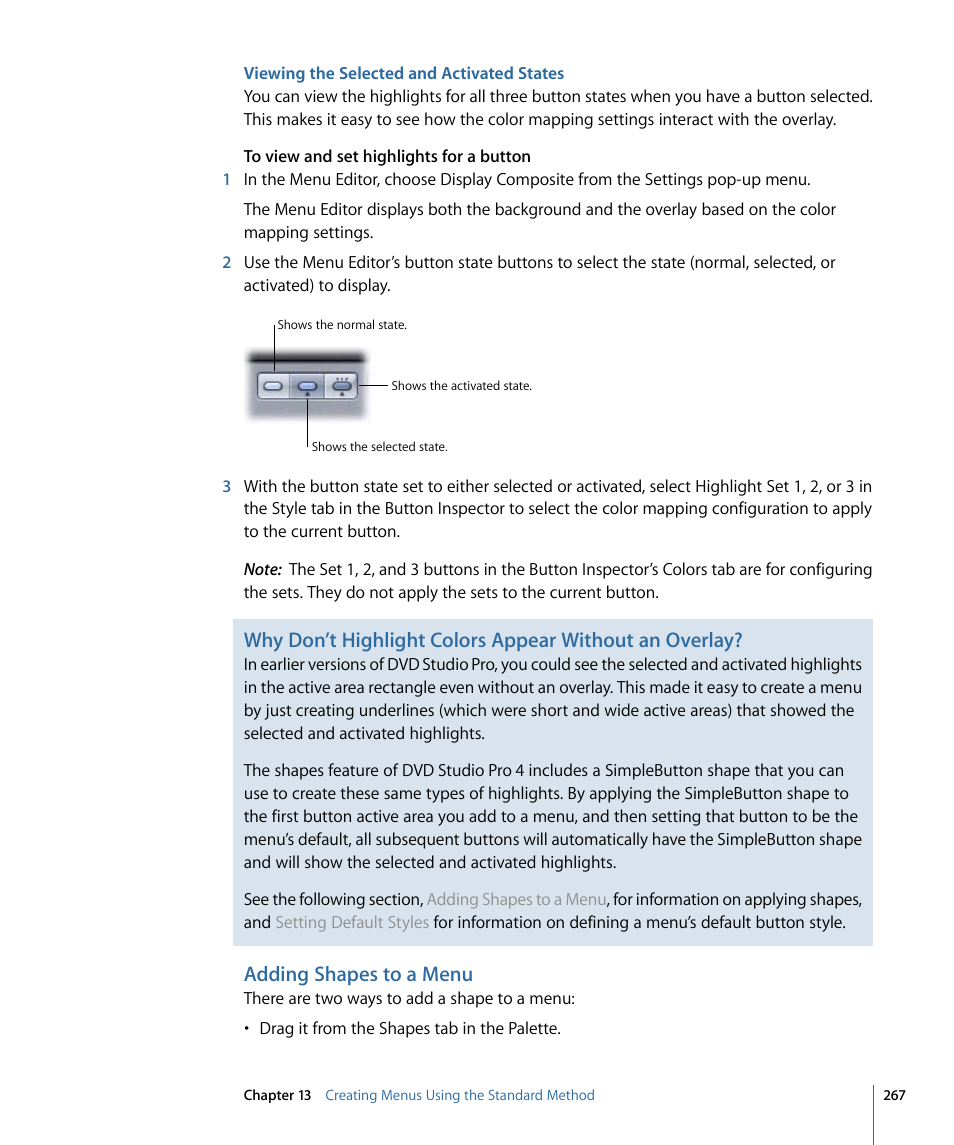 Viewing the selected and activated states, Adding shapes to a menu | Apple DVD Studio Pro 4 User Manual | Page 267 / 656