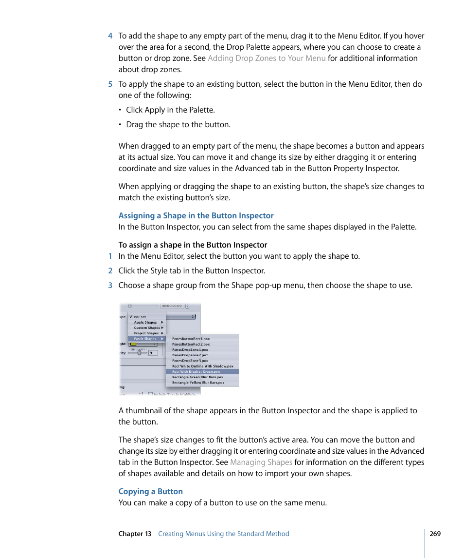 Assigning a shape in the button inspector, Copying a button | Apple DVD Studio Pro 4 User Manual | Page 269 / 656