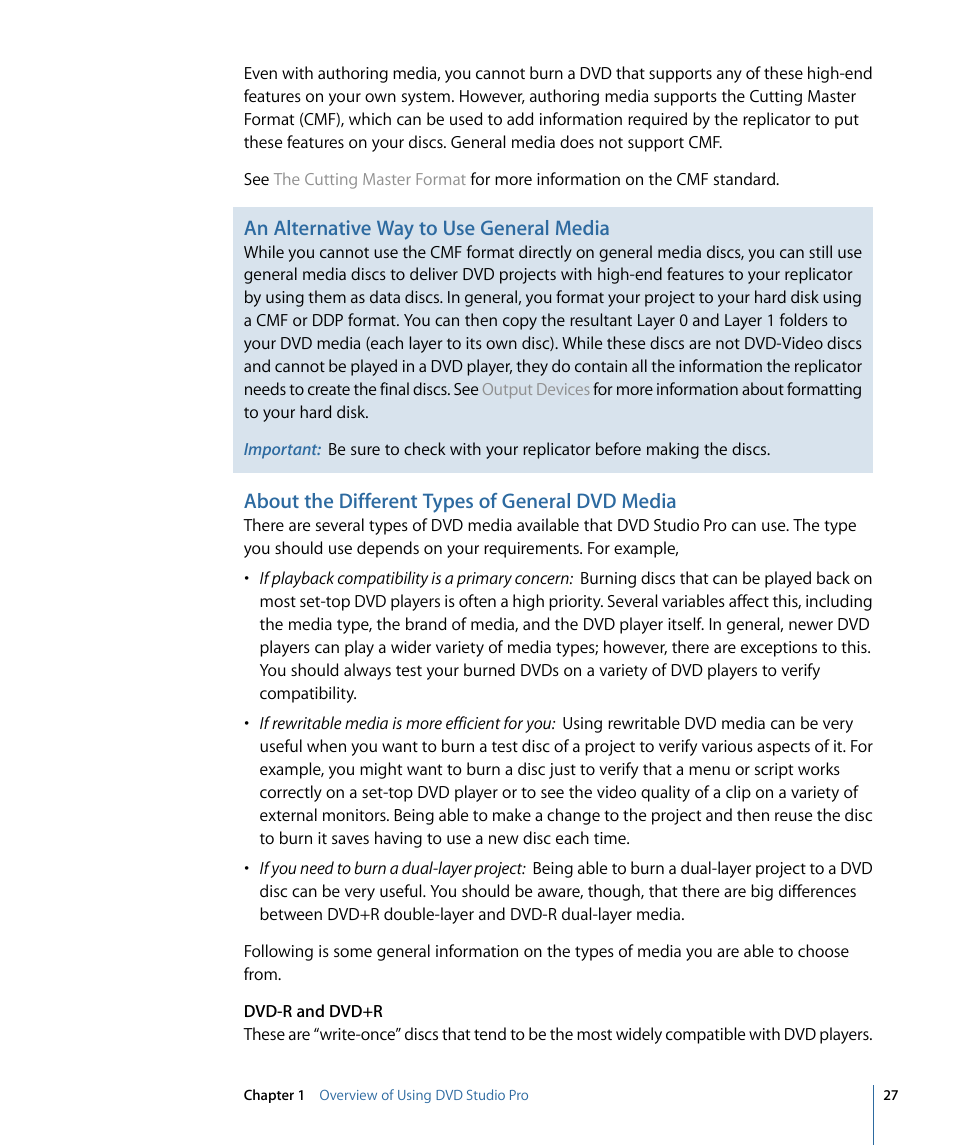 About the different types of general dvd media, An alternative way to use general media | Apple DVD Studio Pro 4 User Manual | Page 27 / 656