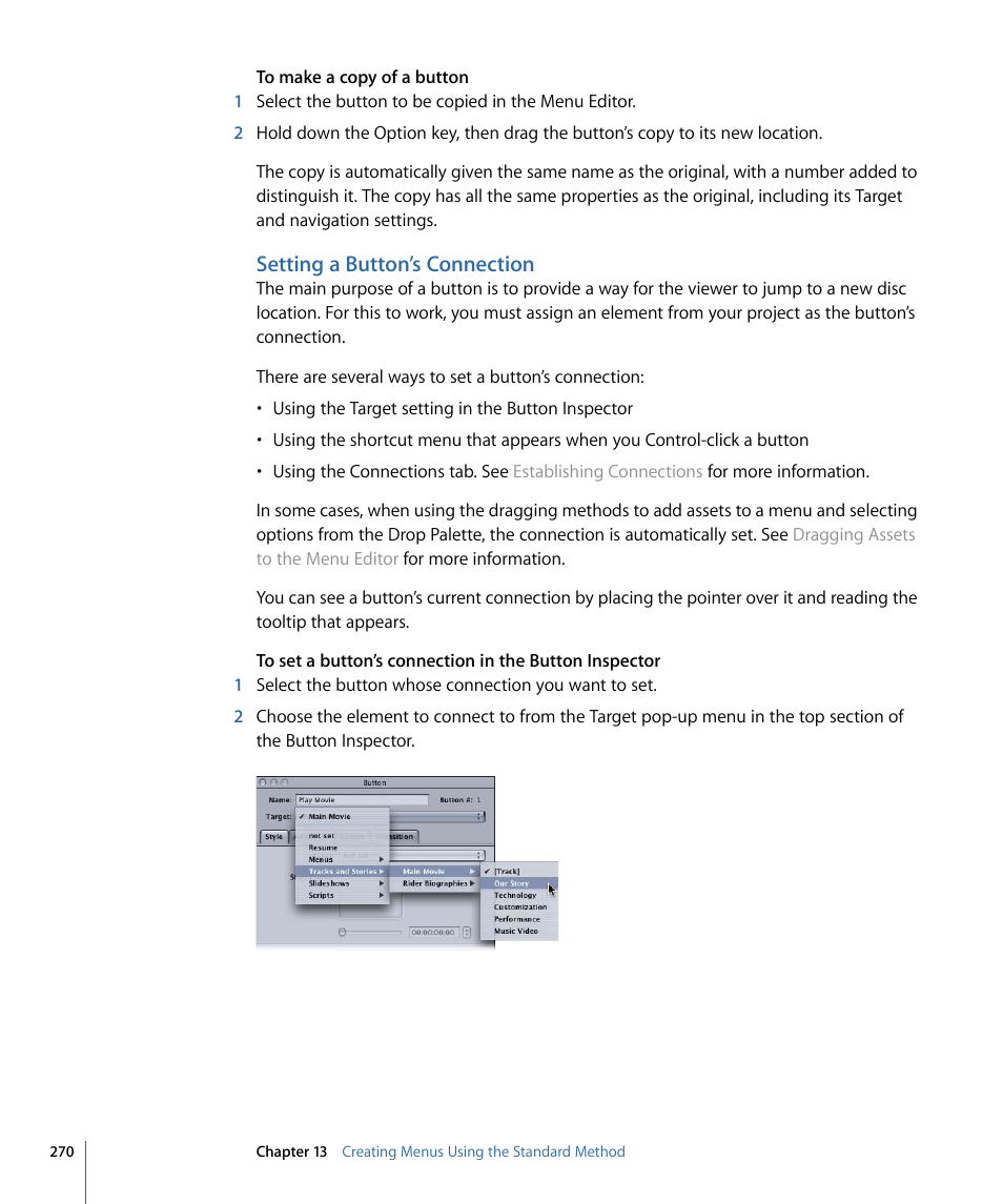 Setting a button’s connection | Apple DVD Studio Pro 4 User Manual | Page 270 / 656