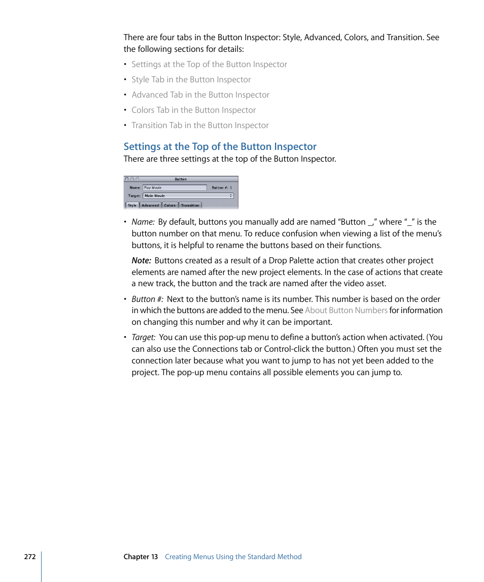 Settings at the top of the button inspector | Apple DVD Studio Pro 4 User Manual | Page 272 / 656