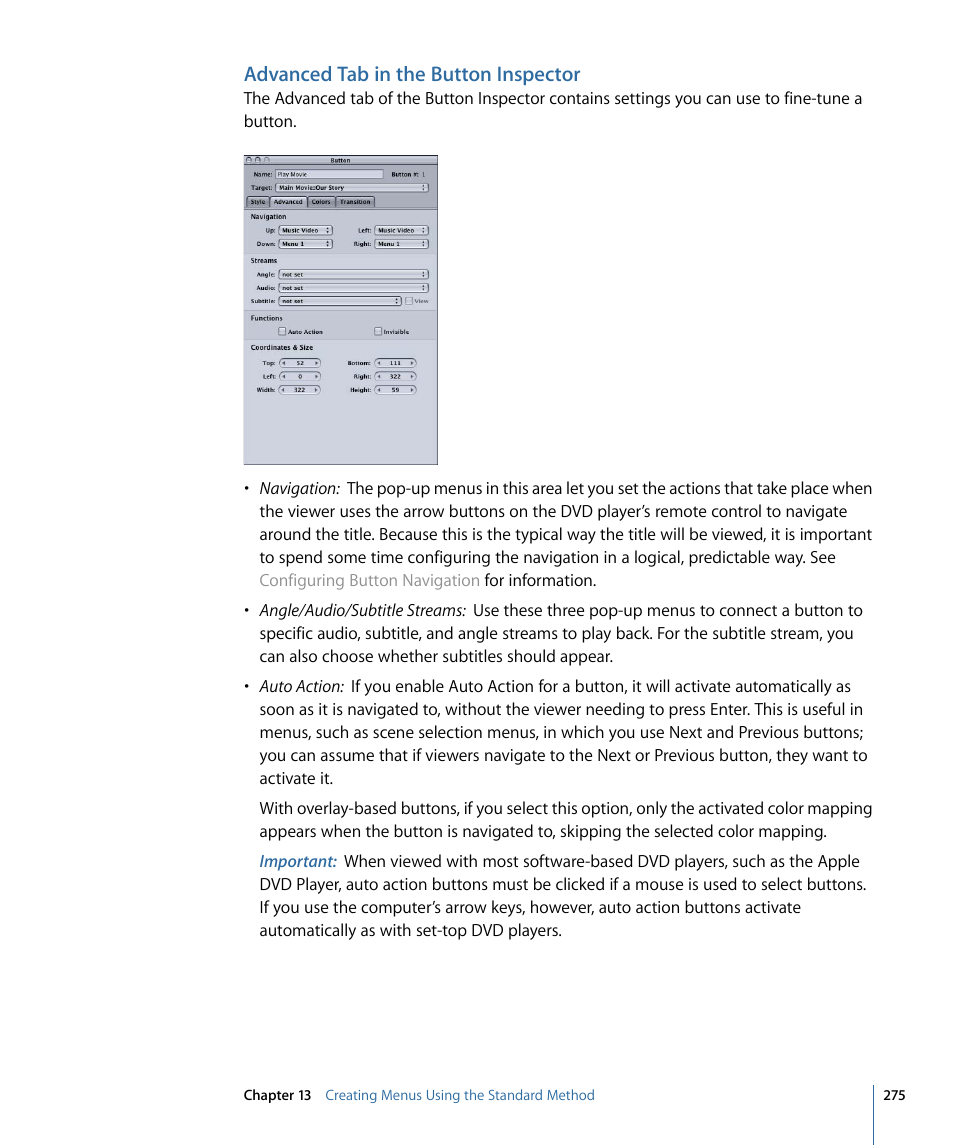Advanced tab in the button inspector | Apple DVD Studio Pro 4 User Manual | Page 275 / 656