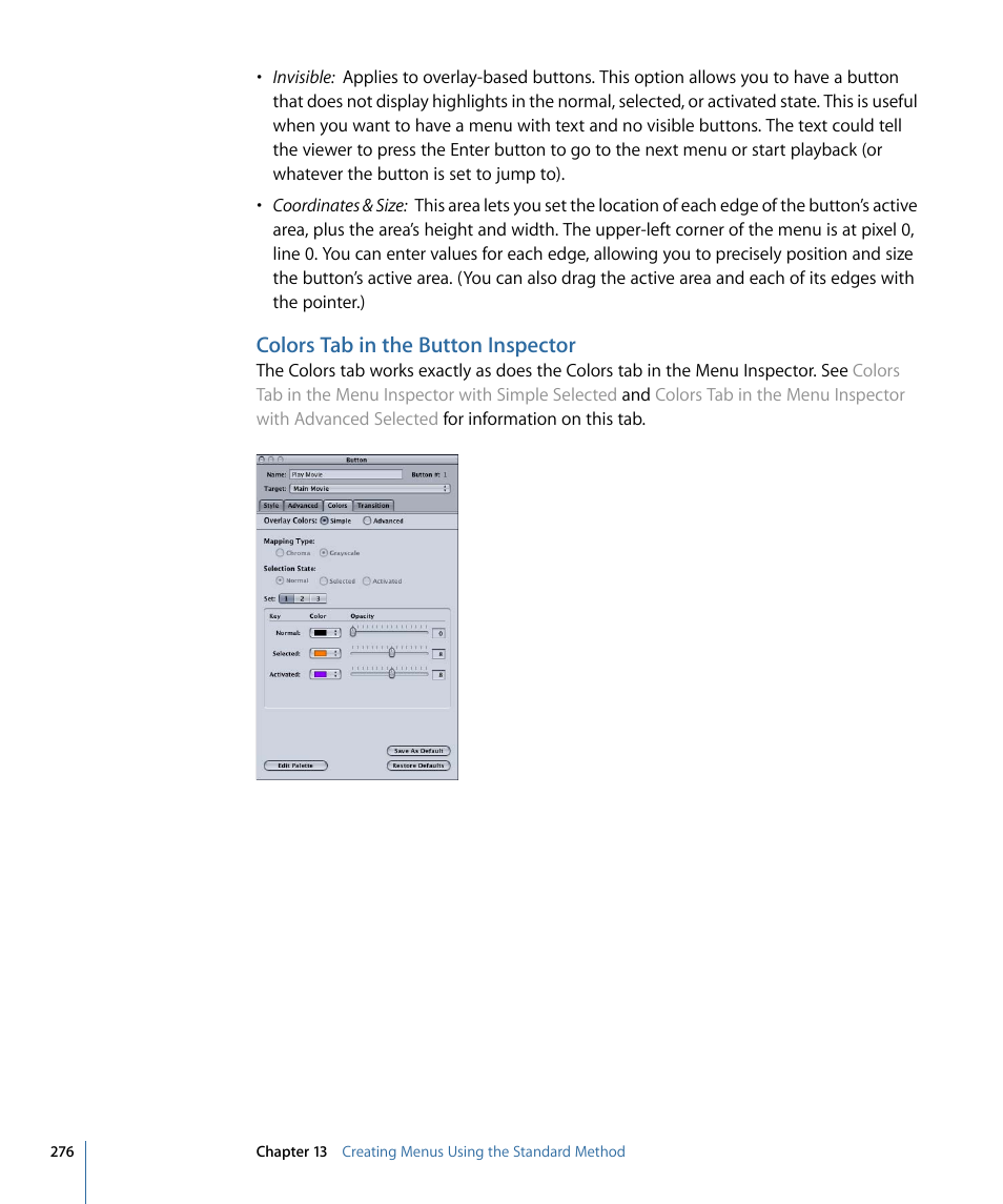 Colors tab in the button inspector | Apple DVD Studio Pro 4 User Manual | Page 276 / 656