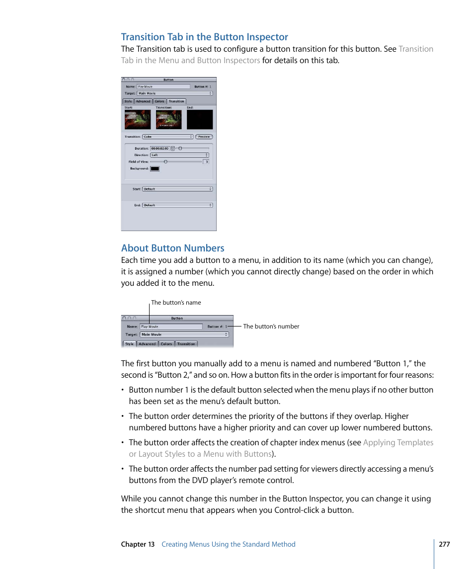 Transition tab in the button inspector, About button numbers | Apple DVD Studio Pro 4 User Manual | Page 277 / 656