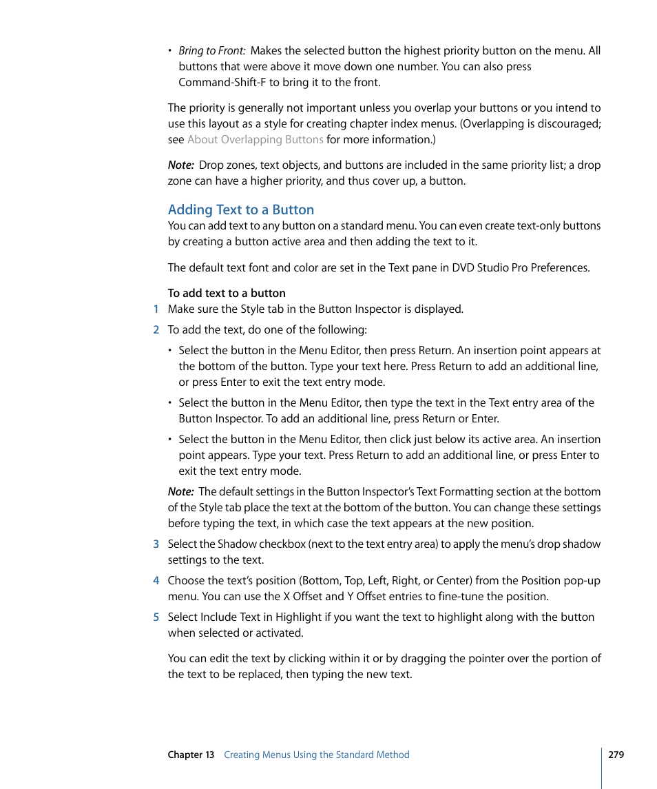 Adding text to a button | Apple DVD Studio Pro 4 User Manual | Page 279 / 656