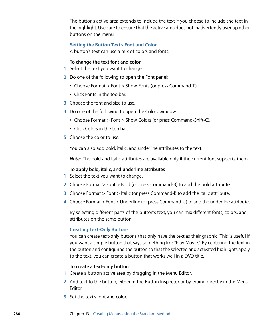 Setting the button text’s font and color, Creating text-only buttons | Apple DVD Studio Pro 4 User Manual | Page 280 / 656