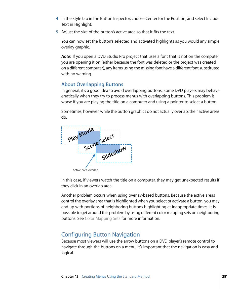 About overlapping buttons, Configuring button navigation, Pla y m ovie scene s elec t slide sho w | Apple DVD Studio Pro 4 User Manual | Page 281 / 656