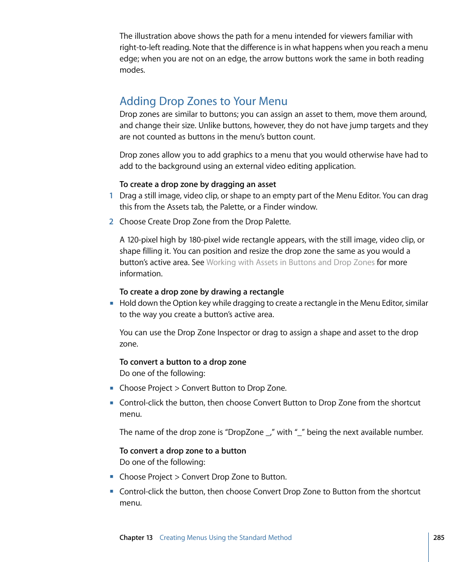 Adding drop zones to your menu | Apple DVD Studio Pro 4 User Manual | Page 285 / 656