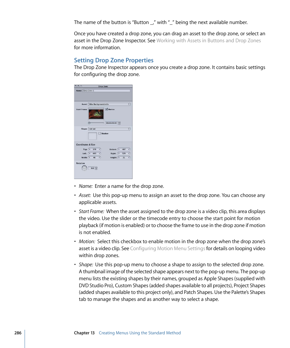 Setting drop zone properties | Apple DVD Studio Pro 4 User Manual | Page 286 / 656