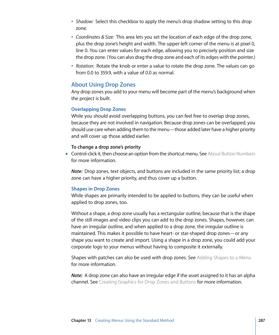 About using drop zones, Overlapping drop zones, Shapes in drop zones | Apple DVD Studio Pro 4 User Manual | Page 287 / 656