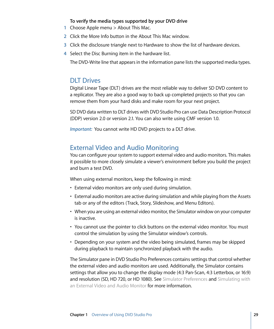 Dlt drives, External video and audio monitoring | Apple DVD Studio Pro 4 User Manual | Page 29 / 656