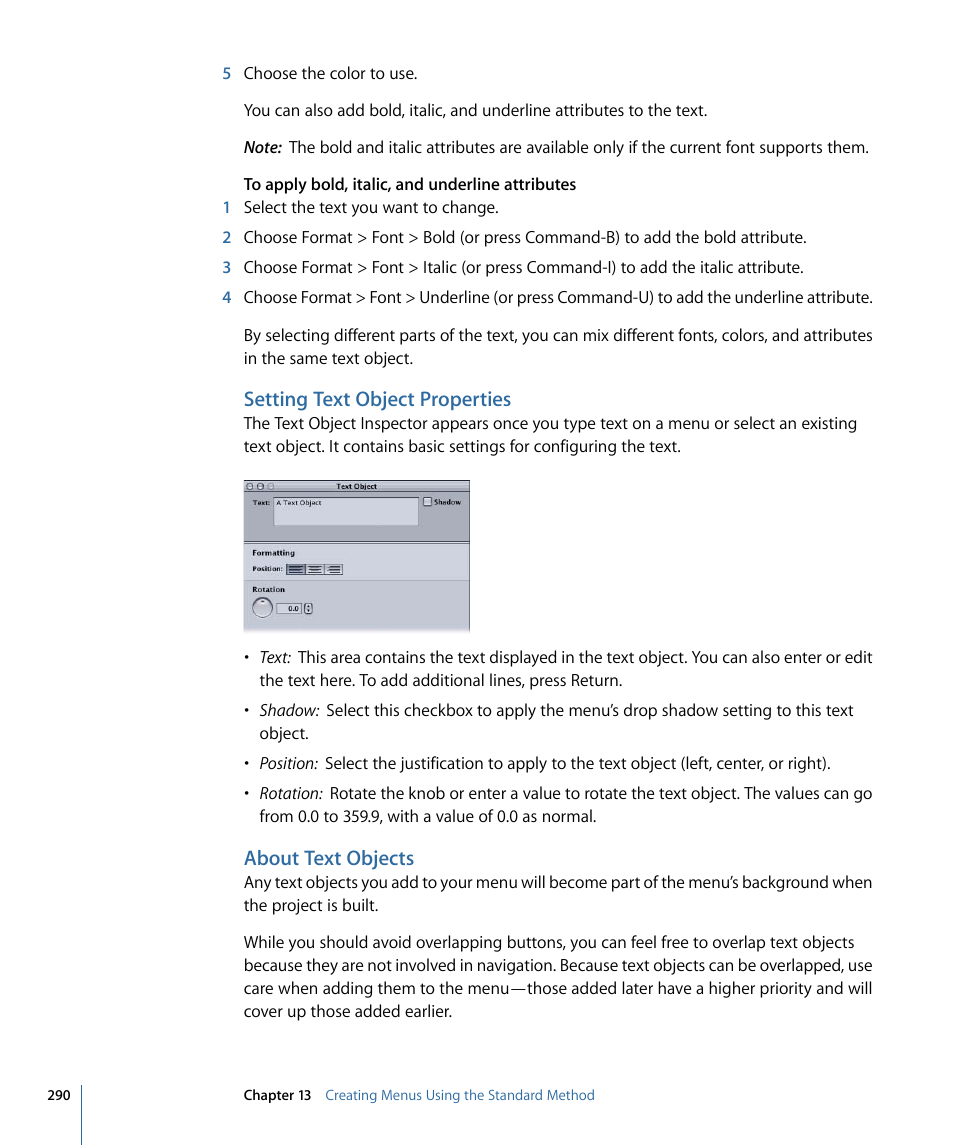 Setting text object properties, About text objects | Apple DVD Studio Pro 4 User Manual | Page 290 / 656