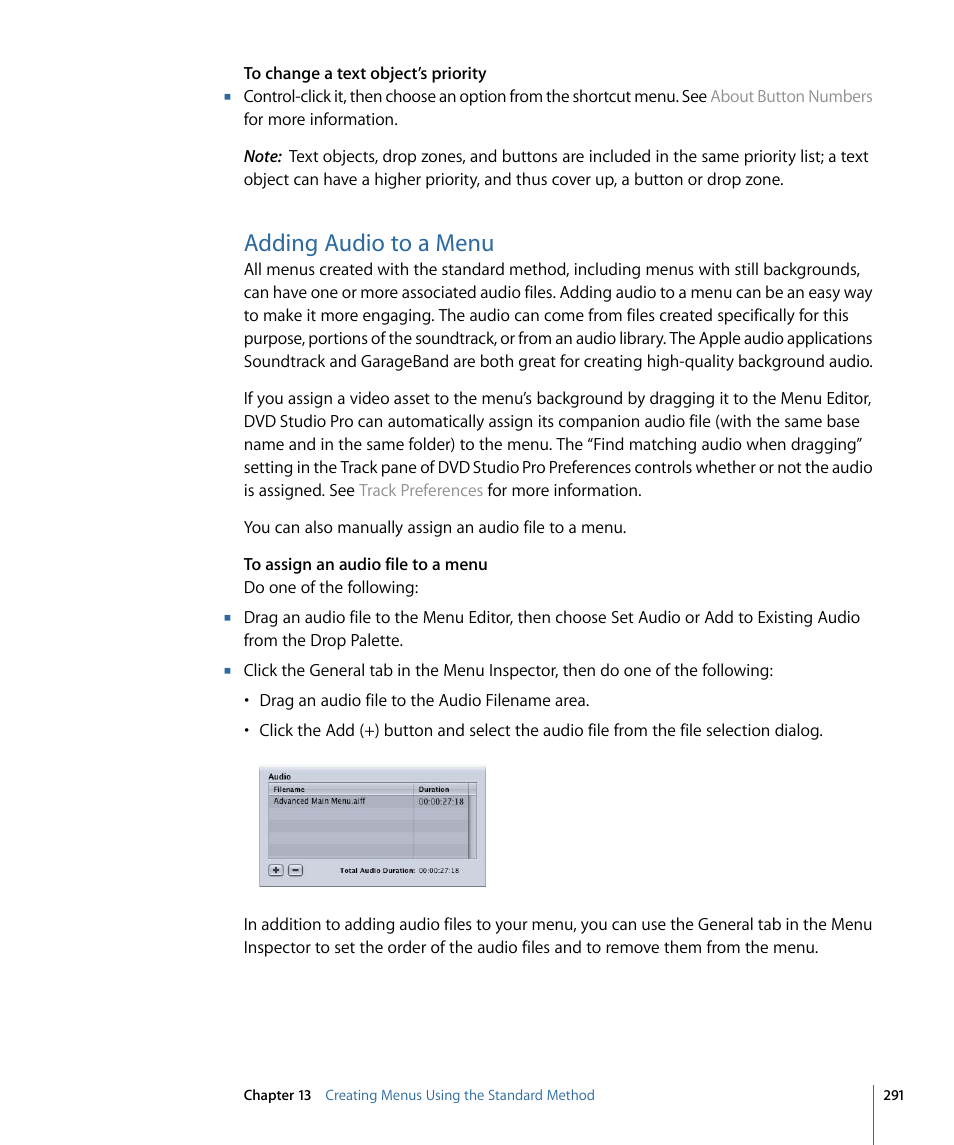 Adding audio to a menu | Apple DVD Studio Pro 4 User Manual | Page 291 / 656