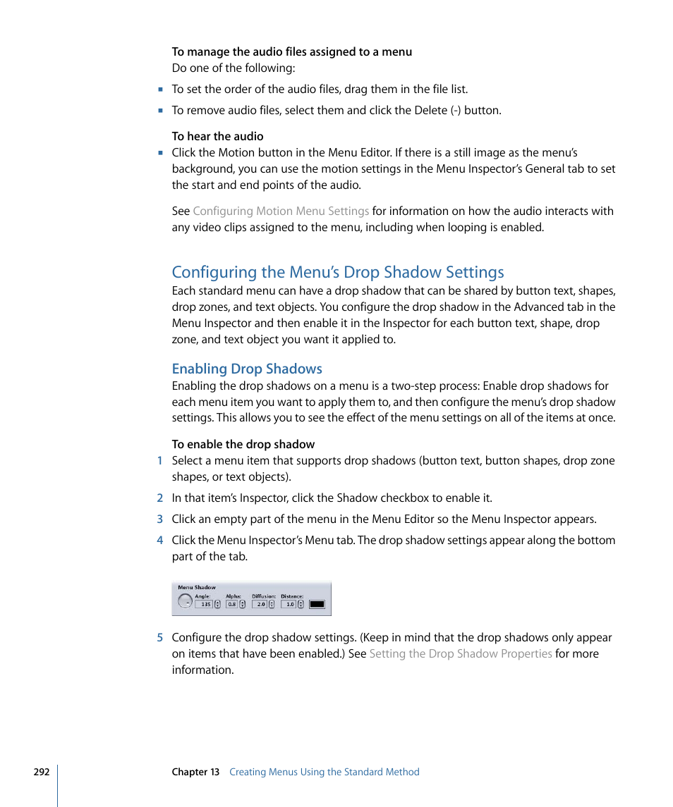 Configuring the menu’s drop shadow settings, Enabling drop shadows | Apple DVD Studio Pro 4 User Manual | Page 292 / 656