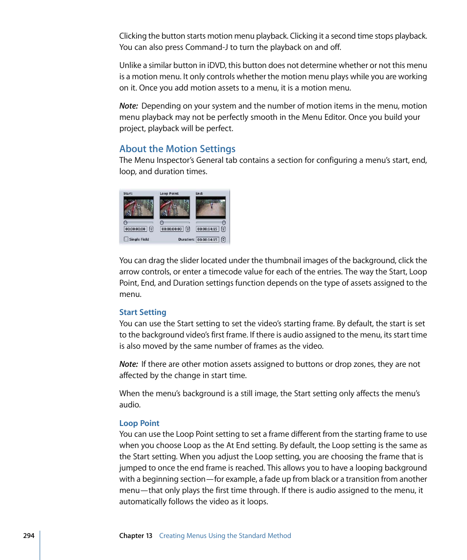 About the motion settings, Start setting, Loop point | Apple DVD Studio Pro 4 User Manual | Page 294 / 656
