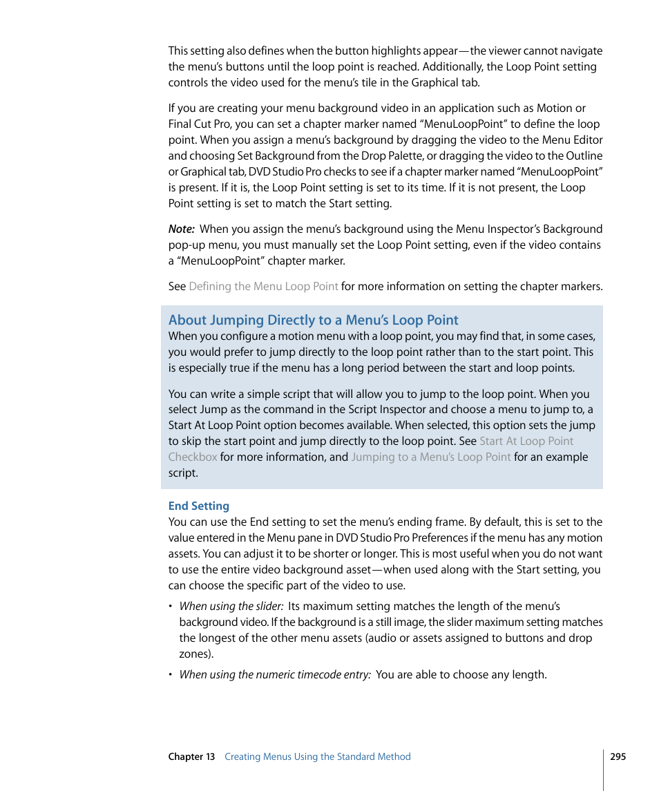 End setting, About jumping directly to a menu’s loop point | Apple DVD Studio Pro 4 User Manual | Page 295 / 656