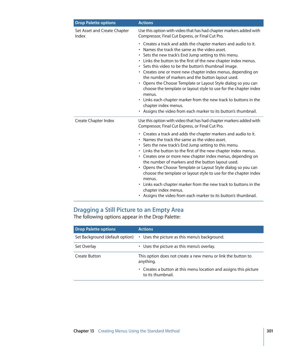 Dragging a still picture to an empty area | Apple DVD Studio Pro 4 User Manual | Page 301 / 656