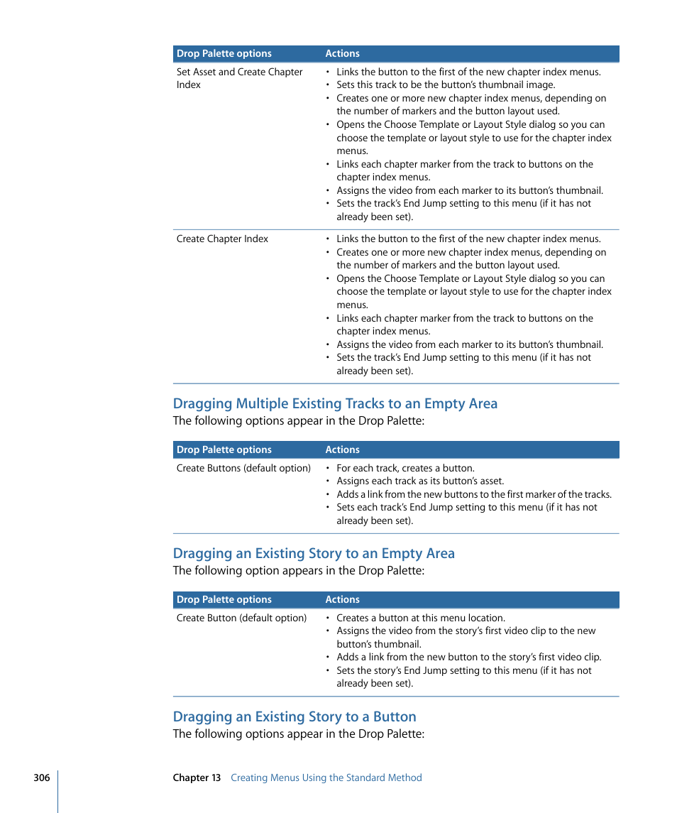 Dragging multiple existing tracks to an empty area, Dragging an existing story to an empty area, Dragging an existing story to a button | Apple DVD Studio Pro 4 User Manual | Page 306 / 656