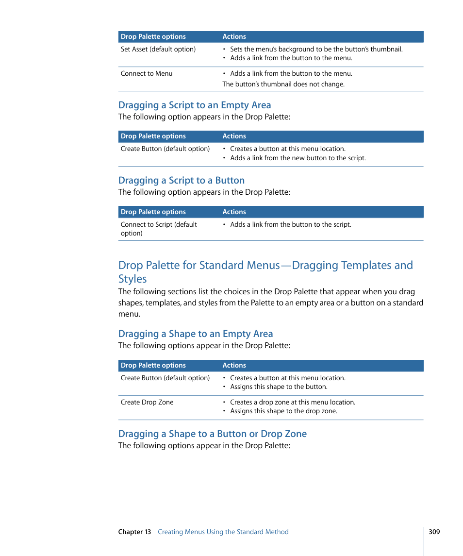 Dragging a script to an empty area, Dragging a script to a button, Dragging a shape to an empty area | Dragging a shape to a button or drop zone | Apple DVD Studio Pro 4 User Manual | Page 309 / 656