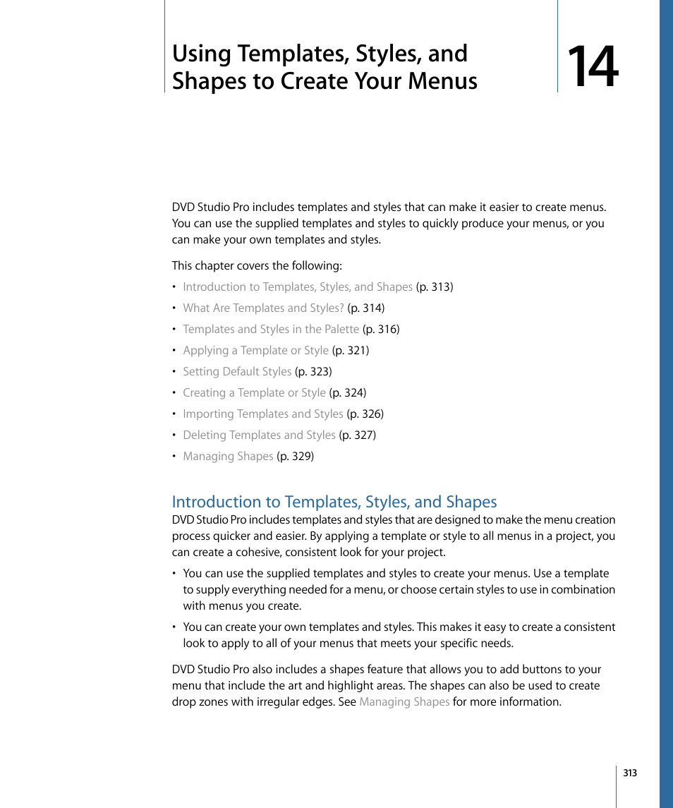 Introduction to templates, styles, and shapes, Using templates, styles, and, Shapes to create your menus | Using templates, styles, And shapes to create your menus | Apple DVD Studio Pro 4 User Manual | Page 313 / 656
