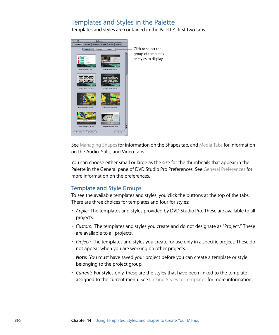 Templates and styles in the palette, Template and style groups | Apple DVD Studio Pro 4 User Manual | Page 316 / 656