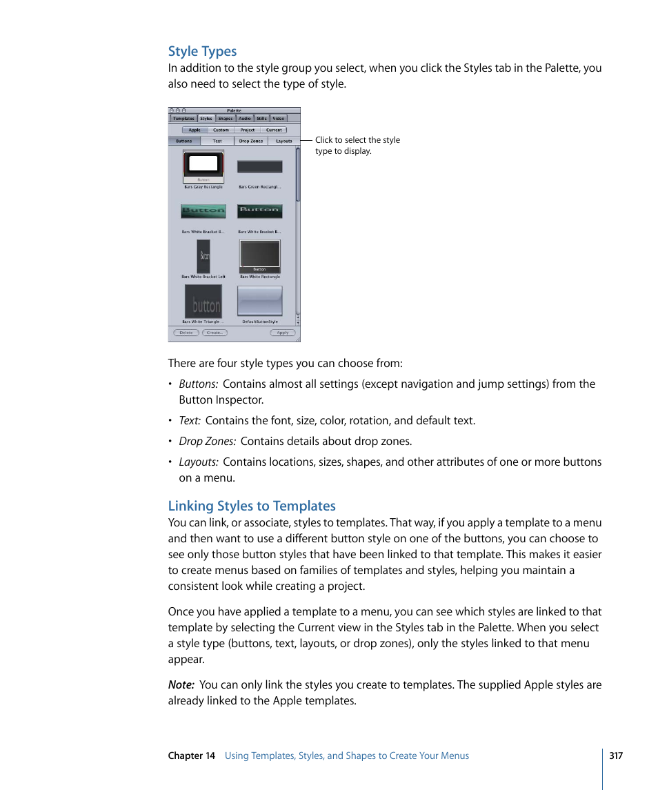Style types, Linking styles to templates | Apple DVD Studio Pro 4 User Manual | Page 317 / 656