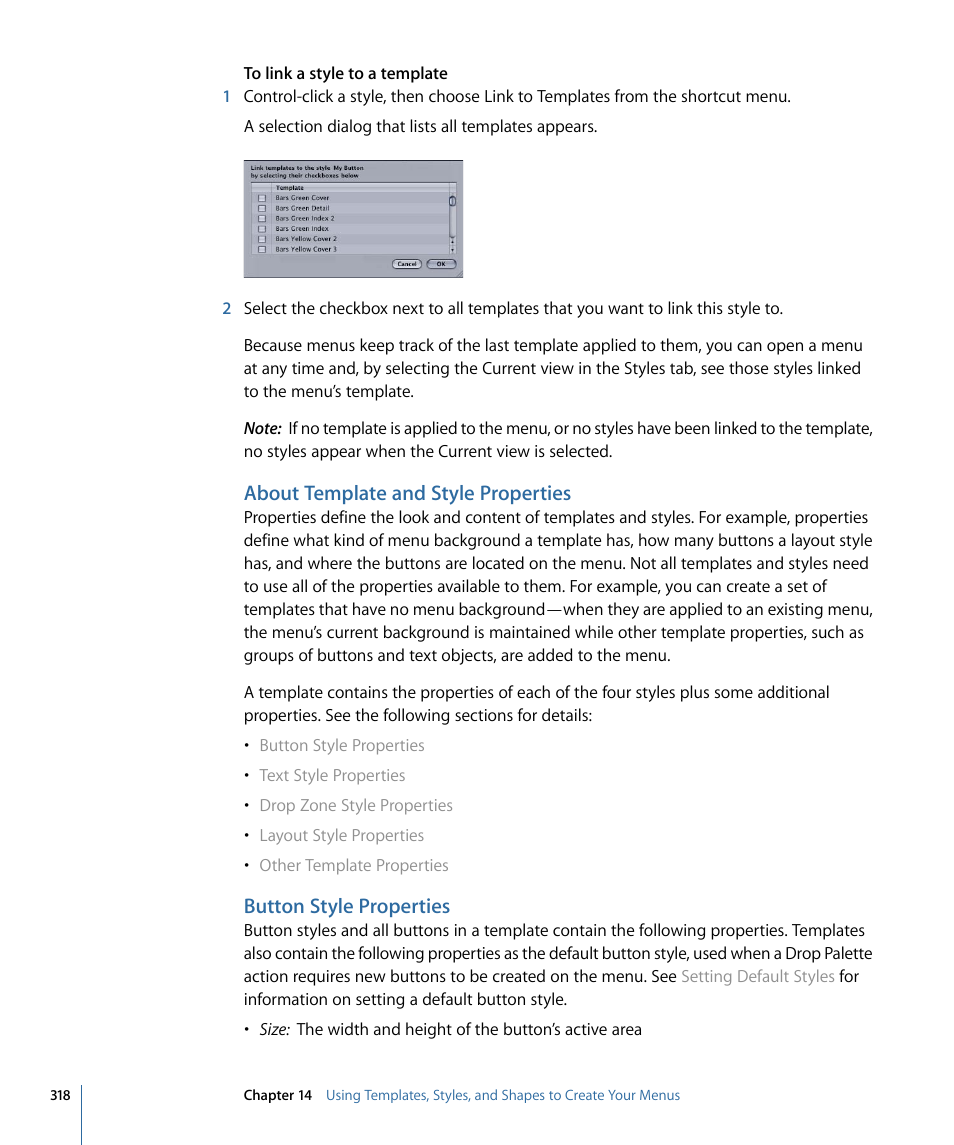About template and style properties, Button style properties | Apple DVD Studio Pro 4 User Manual | Page 318 / 656