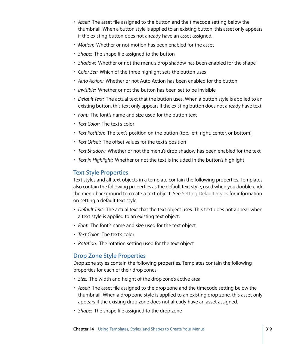 Text style properties, Drop zone style properties | Apple DVD Studio Pro 4 User Manual | Page 319 / 656