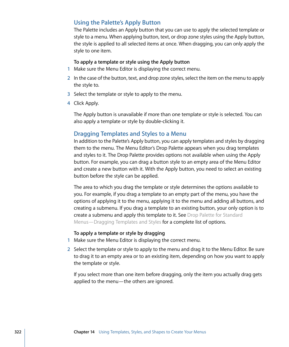 Using the palette’s apply button, Dragging templates and styles to a menu | Apple DVD Studio Pro 4 User Manual | Page 322 / 656
