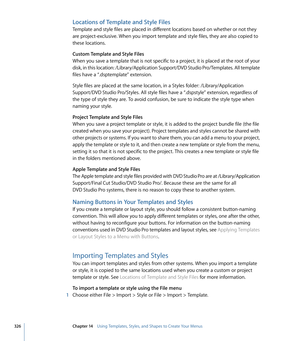 Locations of template and style files, Naming buttons in your templates and styles, Importing templates and styles | Apple DVD Studio Pro 4 User Manual | Page 326 / 656