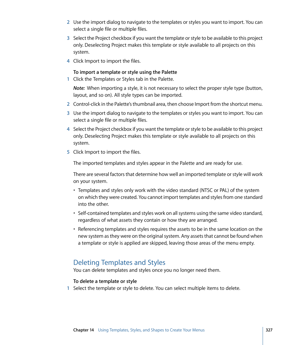 Deleting templates and styles | Apple DVD Studio Pro 4 User Manual | Page 327 / 656