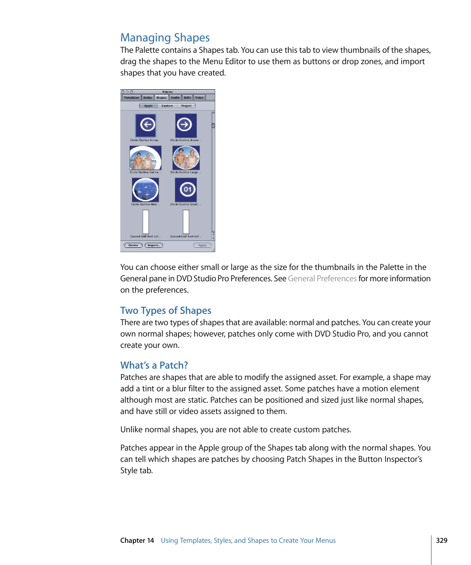 Managing shapes, Two types of shapes, What’s a patch | Apple DVD Studio Pro 4 User Manual | Page 329 / 656