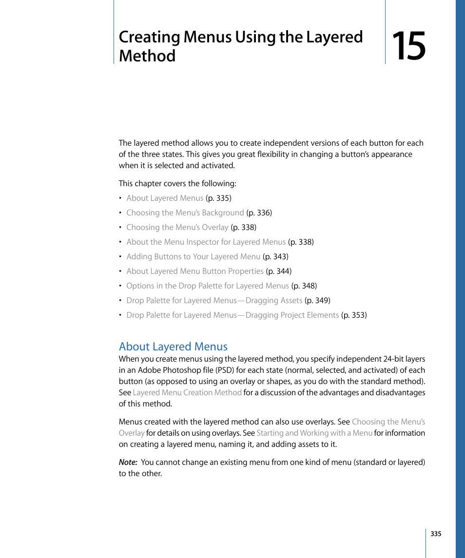 Creating menus using the layered method, About layered menus, Creating menus using | The layered method | Apple DVD Studio Pro 4 User Manual | Page 335 / 656