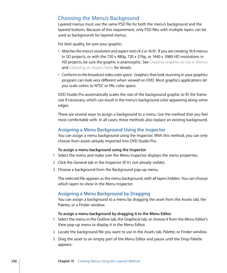 Choosing the menu’s background, Assigning a menu background using the inspector, Assigning a menu background by dragging | Apple DVD Studio Pro 4 User Manual | Page 336 / 656