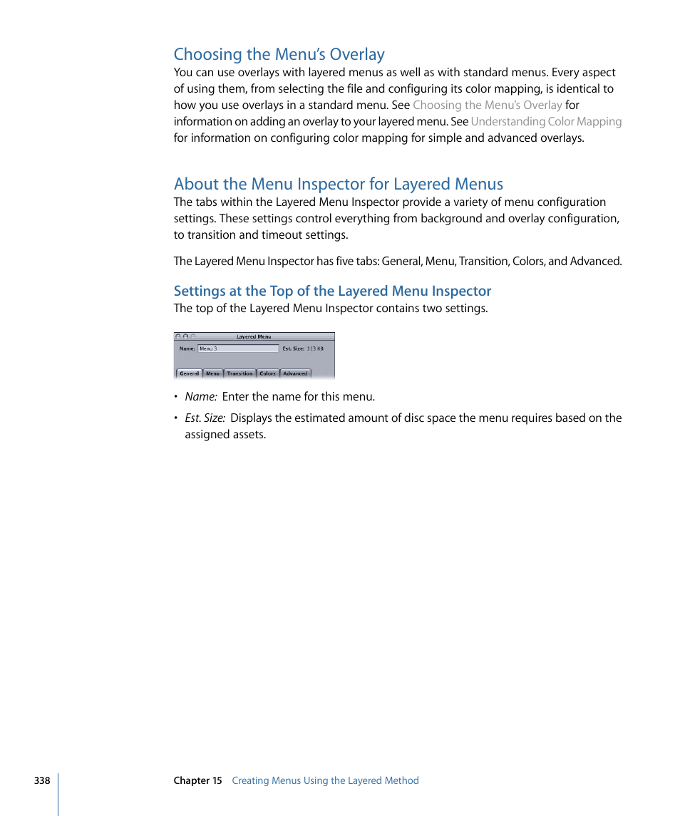 Choosing the menu’s overlay, About the menu inspector for layered menus, Settings at the top of the layered menu inspector | Apple DVD Studio Pro 4 User Manual | Page 338 / 656