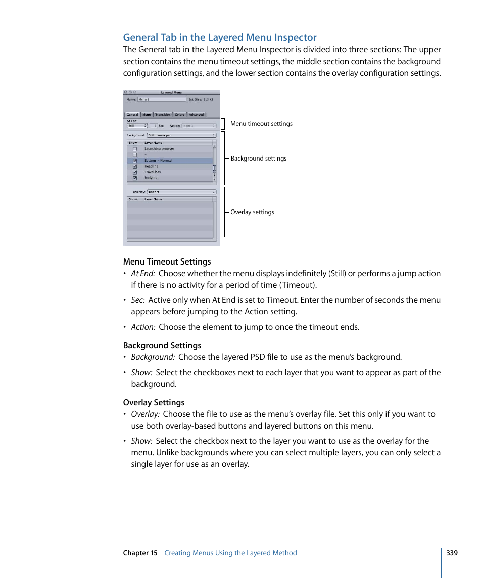 General tab in the layered menu inspector | Apple DVD Studio Pro 4 User Manual | Page 339 / 656
