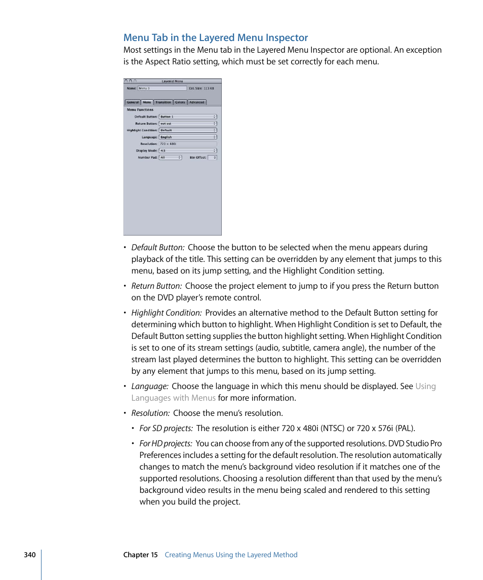 Menu tab in the layered menu inspector | Apple DVD Studio Pro 4 User Manual | Page 340 / 656