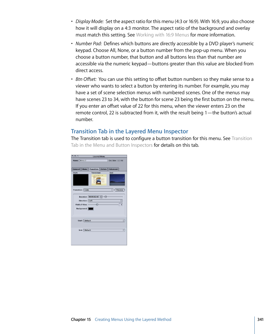 Transition tab in the layered menu inspector | Apple DVD Studio Pro 4 User Manual | Page 341 / 656