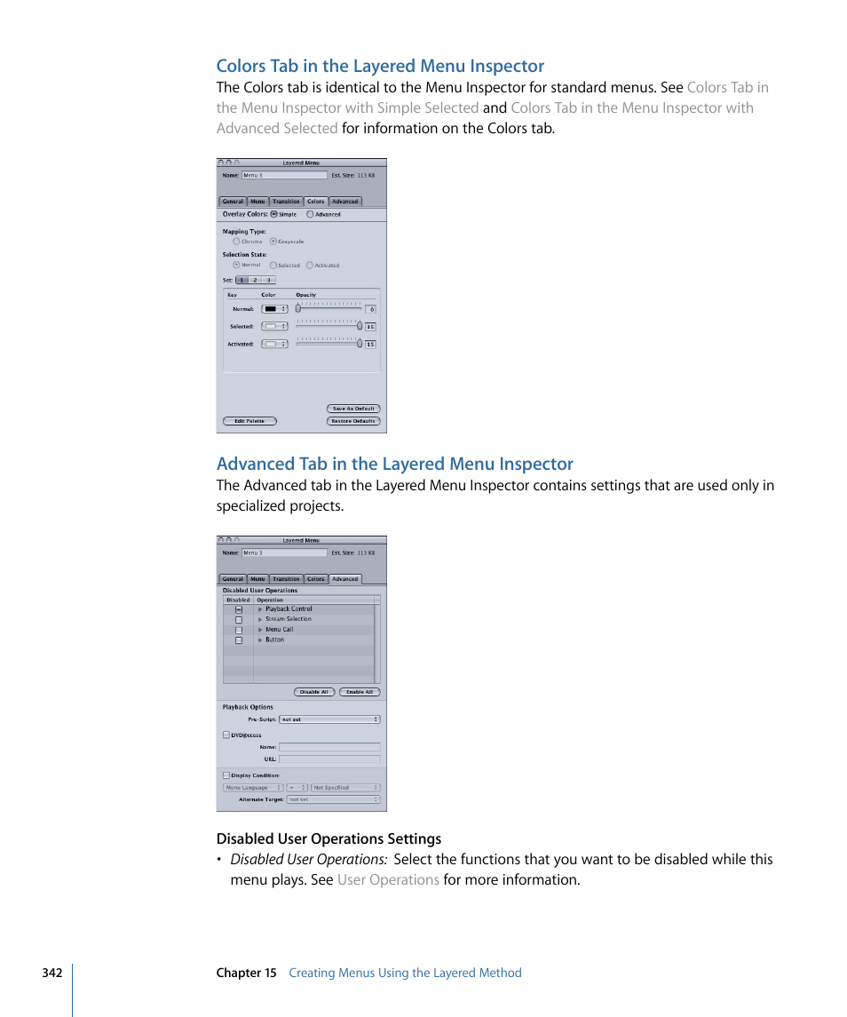 Colors tab in the layered menu inspector, Advanced tab in the layered menu inspector | Apple DVD Studio Pro 4 User Manual | Page 342 / 656
