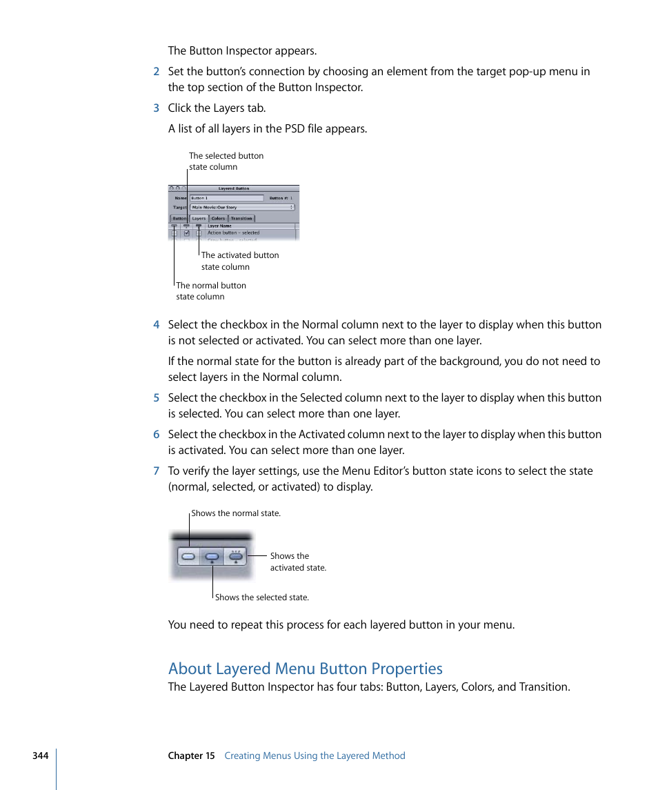 About layered menu button properties | Apple DVD Studio Pro 4 User Manual | Page 344 / 656