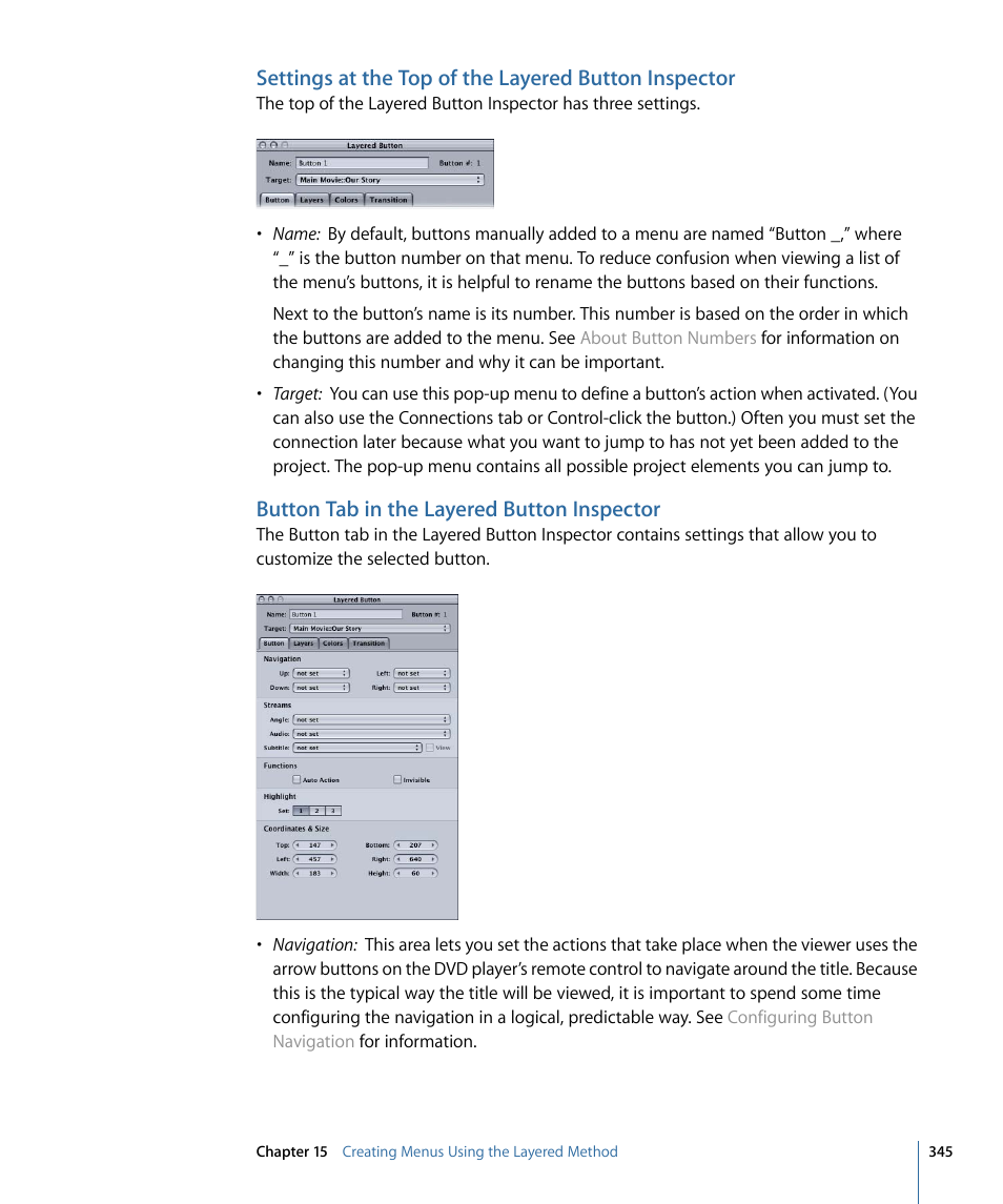 Button tab in the layered button inspector | Apple DVD Studio Pro 4 User Manual | Page 345 / 656