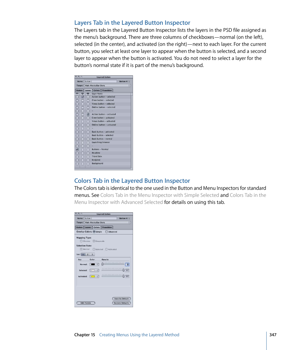 Layers tab in the layered button inspector, Colors tab in the layered button inspector | Apple DVD Studio Pro 4 User Manual | Page 347 / 656