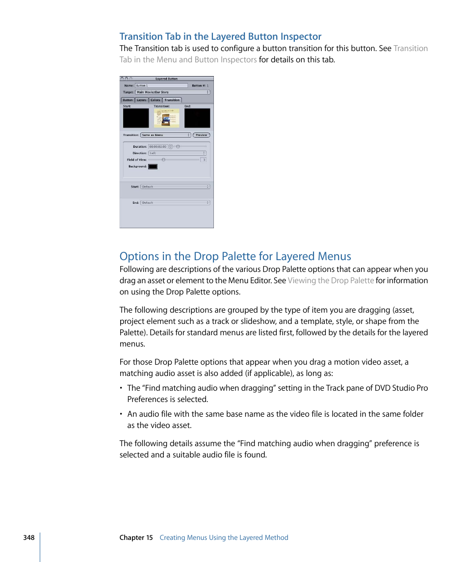 Transition tab in the layered button inspector, Options in the drop palette for layered menus | Apple DVD Studio Pro 4 User Manual | Page 348 / 656