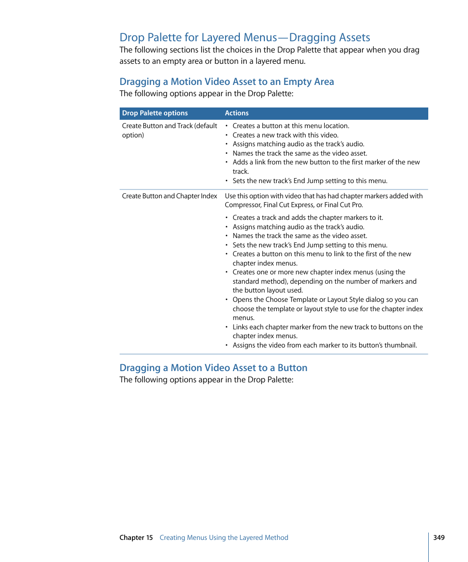Drop palette for layered menus—dragging assets, Dragging a motion video asset to an empty area, Dragging a motion video asset to a button | Apple DVD Studio Pro 4 User Manual | Page 349 / 656