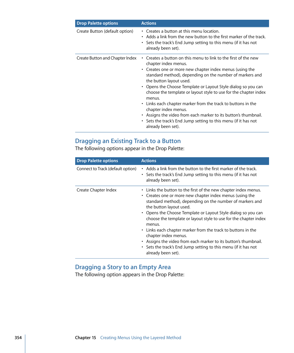 Dragging an existing track to a button, Dragging a story to an empty area | Apple DVD Studio Pro 4 User Manual | Page 354 / 656