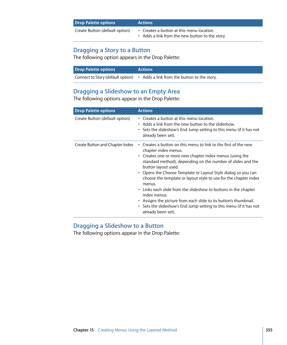 Dragging a story to a button, Dragging a slideshow to an empty area, Dragging a slideshow to a button | Apple DVD Studio Pro 4 User Manual | Page 355 / 656